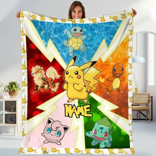 Eevee Pika Blanket  Bulbasau Charmander Squirtle Plush Fleece Blanket Eevee