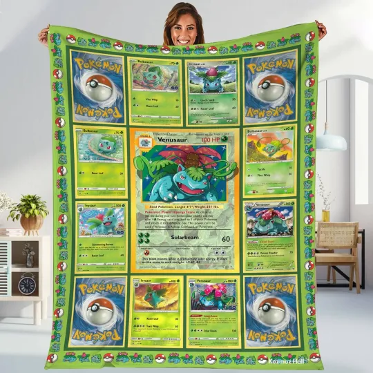 Bulbasaur Fleece Blanket  Bulbasaur Evolutions Trading Card Blanket  Lover Anime