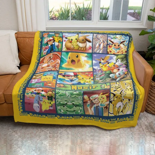 Personalized Plush Fleece Blanket  Pika Bulbasaur Eevee Charmander Squirtle