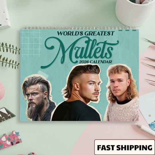 Discover Men with Mullets 2026 Wall Calendar, 2026 Monthly Calendar, White Elephant Gift, Barber gift