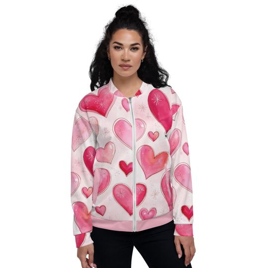 Discover Pink Heart Print Bomber Jacket: Unisex Fleece Lined Outerwear