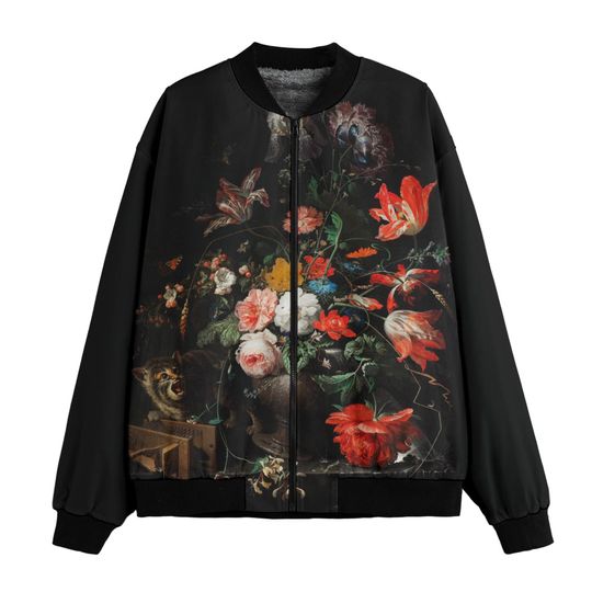 Discover Floral Dutch Golden Age Bomber Jacket: Abraham Mignon Recycled Polyester Fleece