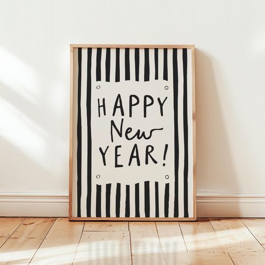 Discover Happy New Year 2026 Poster, Retro Striped Wall Art, Minimal Holiday Decor, Black and White Typography Print