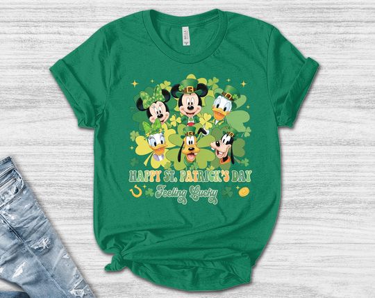 Discover Retro Mickey n Friends Happy St. Patrick's Day Disney Shirt, Disney Patricks Day Feeling Lucky Tee 4 Leaf Clover WDW Disneyland Shirt AXKU05