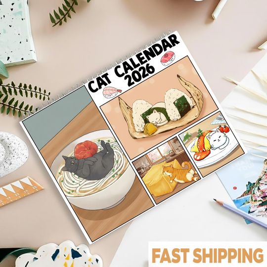 Discover 2026 Cat in Japanese Food Wall Calendar, Kawaii Neko Sushi Ramen Monthly Planner, Cute Cat Lover Gift