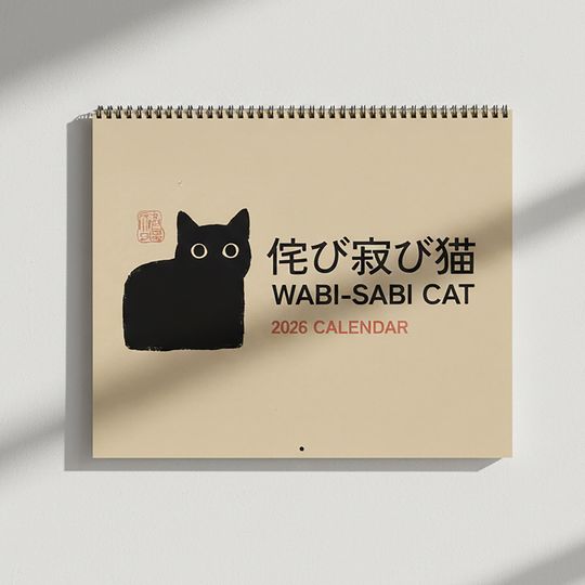 Discover 2026 Calendar Japanese Kawaii Black Cat Art Wabi-Sabi Style Home Decor Cat Lover Gift Minimalist Monthly Planner