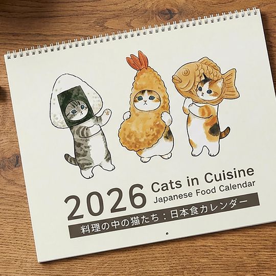 Discover 2026 Cat in Japanese Food Wall Calendar, Kawaii Neko Sushi Ramen Monthly Planner, Cute Cat Cuisine Home Decor