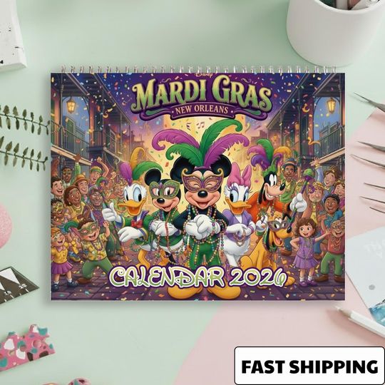 Discover Mickey and Friends Mardi Gras Calendar 2026, Disney Carnival Wall Calendar, New Orleans Festival Art
