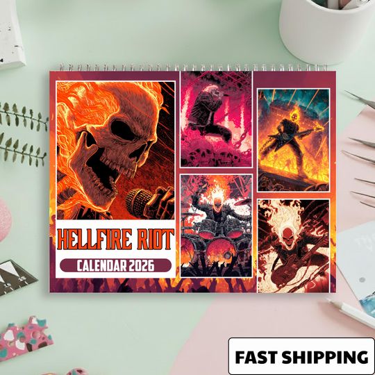 Discover Hellfire Skull Rider Calendar 2026, Dark Fantasy Punk Rock Wall Calendar, Flaming Skeleton Biker Comic Art
