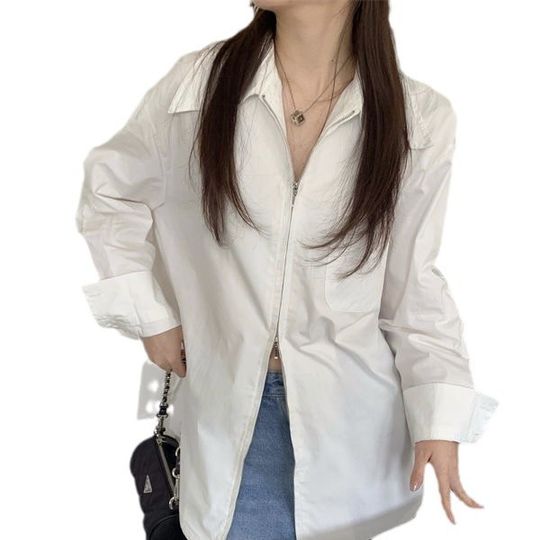 Discover French Zip Long Sleeve Shirt Women Loose Stylish Casual Top