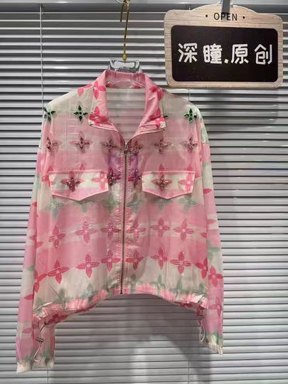 Discover Luxury Style Sparkle Colorful Rhinestones Women Summer Loose Casual Zipper Sunscreen Shirts Blouses Thin Outerwear Tops Korean