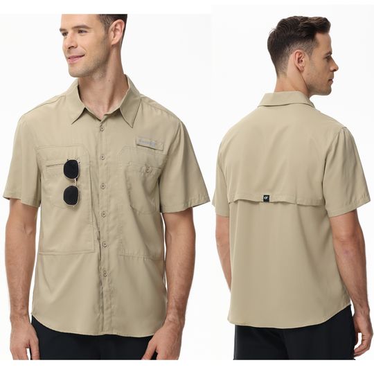 Discover Men's Short Sleeve Lightweight Fishing Shirts, UPF 50+ Breathable Cargo Shirt, Button Down Tactical Shirts with Zip Pocket