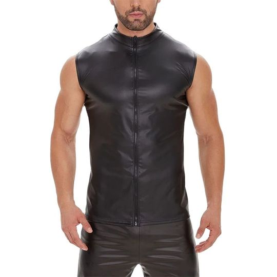 Discover Men Punk Style Matte Black Patent Leather Shirt Summer Sleeveless Zipper Cardigan Blouse Male Slim Fit Stretch Tops Casual Vest