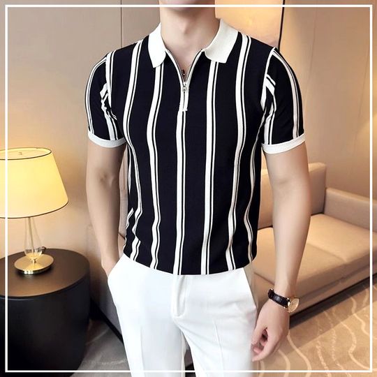 Discover 2024 Summer Short Smart Casual Polo Stripe Turn-down Collar Handsome Simplicity Trend Zipper Breathable Men's Clothing Shirts