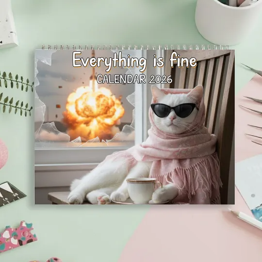 Everything Is Fine Cat Calendar 2026, Funny Aesthetic Wall Calendar, Mental Health Cat Calendar