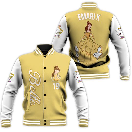 Personalized Belle Varsity Jacket, Custom Disney Princess Baseball Jacket