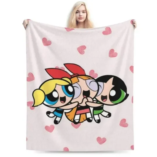 The Powerpuff Girls Heart Pattern Happy Fleece Blanket, Idea Gift