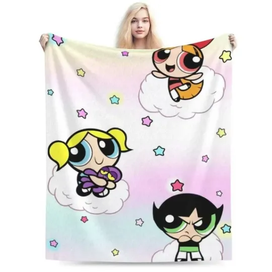 The Powerpuff Girls Cloudy Star Pattern Fleece Blanket, Idea Gift