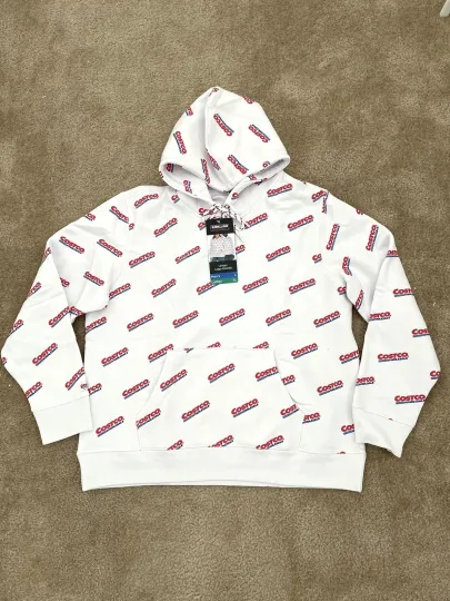 Discover New Costco Wholesale Hoodie White All Over Logo Print sweater kirkland vintage