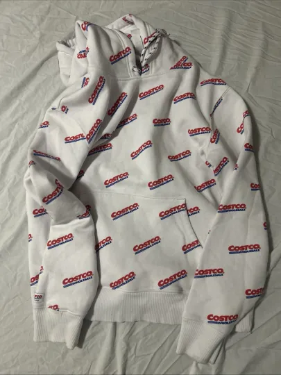 Discover Kirkland Signature Costco Wholesale Allover Logo Print White Unisex Hoodie S/M