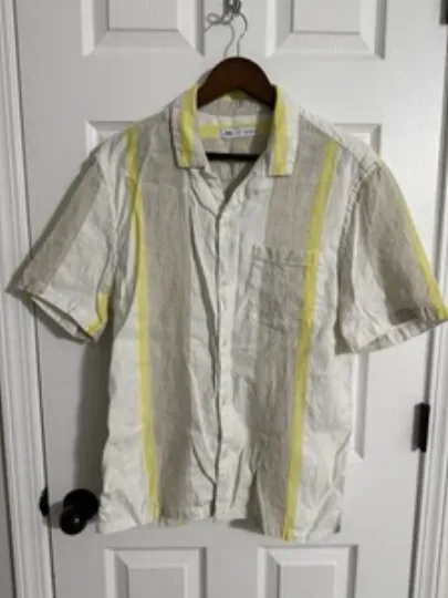 Discover Zara Striped Linen Cotton Blend Button Up Short Sleeve Collared Shirt Size L Men