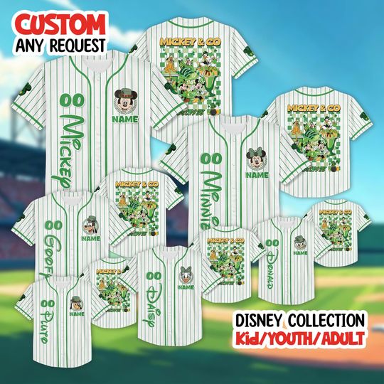 Discover Custom Disney Mickey And Friends St Patrick's Day Jersey, Mickey St Paddys Shirt, Disney 2026 Jersey, Pluto Goofy Daisy Donald Lucky Irish