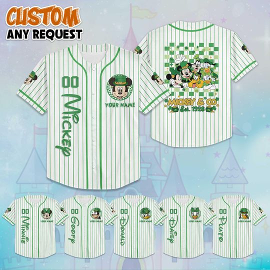 Discover Custom Disney Characters St. Patricks Day Baseball Jersey, Personalize Disney Mickey and Friends Shirt, Baseball Team Outfit