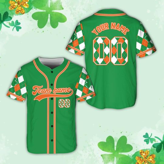 Discover Personalized St Patrick Baseball Jersey, Custom Name Shamrock Argyle Pattern Jersey, Lucky Irish Green Jersey, St Paddys Day Team Gift