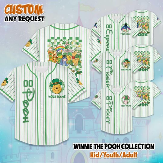 Discover Personalized Winnie the Pooh St. Patricks Day Baseball Jersey, Custom Disney Pooh Holiday Jersey, Lucky Gift