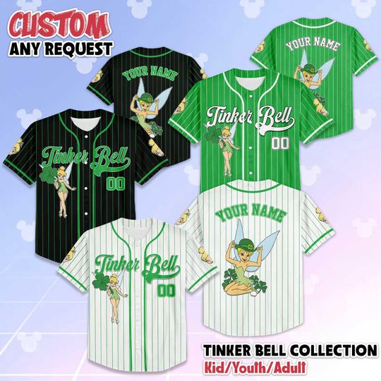 Discover Custom Tinker Bell St Patrick's Day Baseball Jersey, Disney Peter Pan Jersey Shirt, Matching Disney Trip Outfit, St Patrick's Day Gift