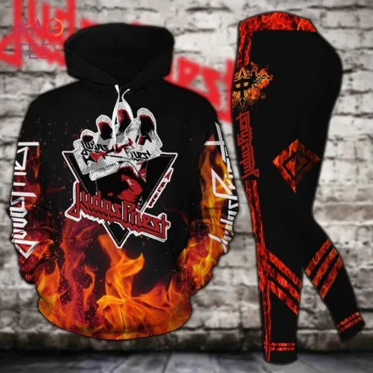 Hollow 3D Hoodie and Legging Set for Women Featuring Judas Priest Band Design