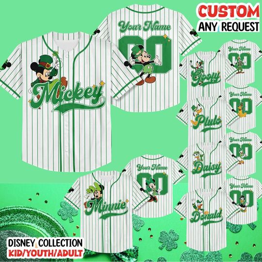 Discover Custom Disney Characters St. Patricks Day Baseball Jersey, Personalize Disney Mickey and Friends Shirt, Baseball Team Disney Trip Shamrock