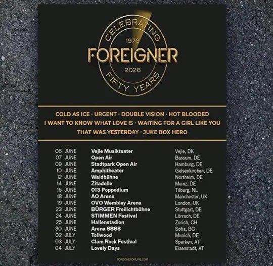 Discover Foreigner Celebrating Fifty Years Tour 2026 Poster