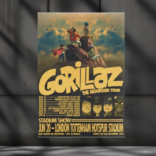 Discover Gorillaz The Mountain Tour London 2026 Poster - Vintage Concert Wall Art Print