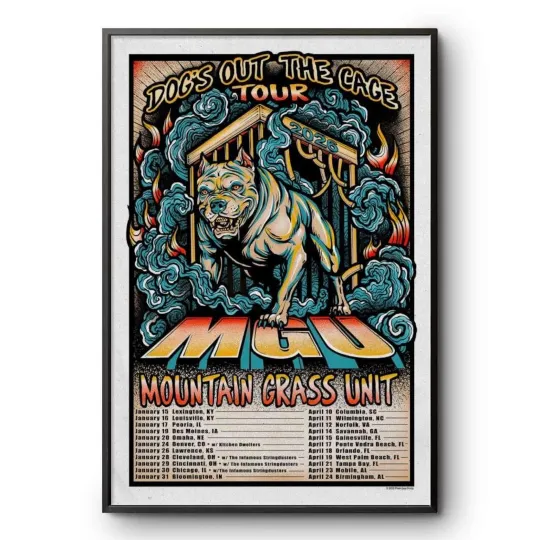 Discover NEW Mountain Grass Unit 2026 Tour Poster Print Dog’s Out The Cage Bluegrass Art