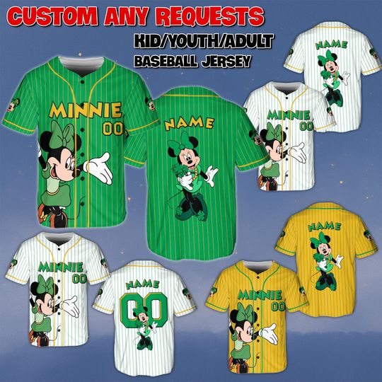 Discover Custom Minnie St Patrick Day Baseball Jersey, Mickey And Friends Leprechaun Shirt, Minnie Mouse Clover Jersey, Disney Theme Park Green Shirt