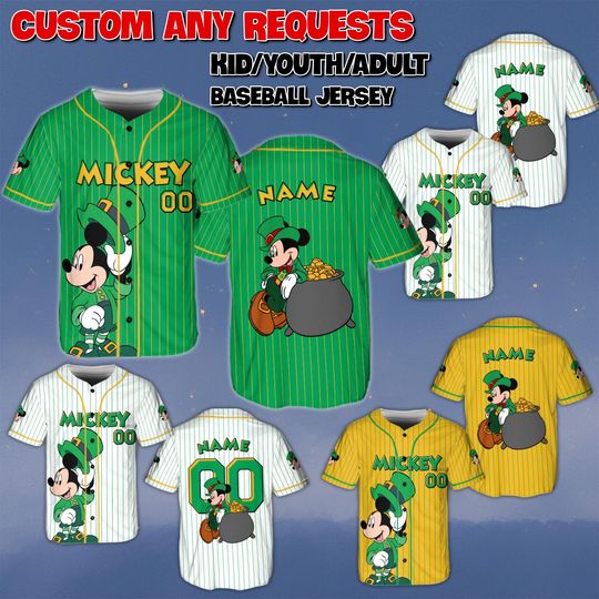 Discover Custom Mickey St Patrick Day Baseball Jersey, Mickey And Friends Leprechaun Shirt, Mickey Mouse Clover Jersey, Disney Theme Park Green Shirt