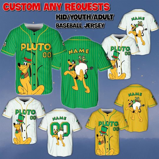 Discover Custom Pluto St Patrick Day Baseball Jersey, Mickey And Friends Leprechaun Shirt, Pluto Dog Clover Jersey, Disney Theme Park Green Shirt