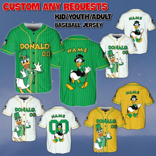 Discover Custom Donald St Patrick Day Baseball Jersey, Mickey And Friends Leprechaun Shirt, Donald Duck Clover Jersey, Disney Theme Park Green Shirt