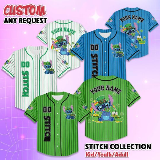 Discover Personalized Stitch St. Patricks Day Baseball Jersey, Custom Disney Lilo and Stitch Jersey, Lucky Gift