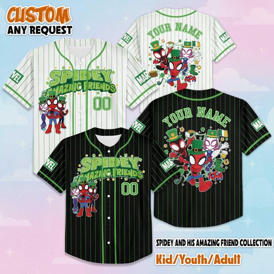 Discover Personalized Spidey and His Amazing Friends St. Patricks Day Baseball Jersey, Custom Disney Holiday Baseball Shirt, Lucky Gift