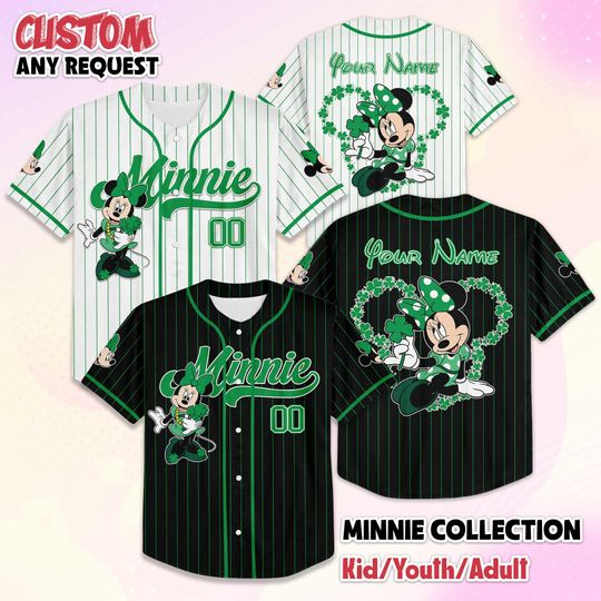 Discover Personalized Minnie Mouse St. Patricks Day Baseball Jersey, Custom Disney Mickey and Friends Shirt, Lucky Baseball Team Outfit