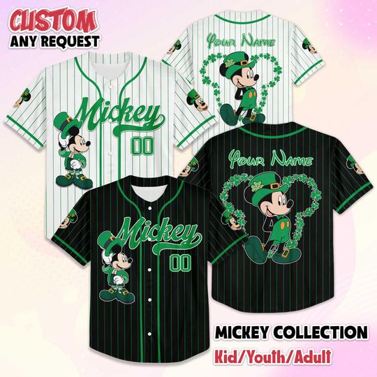 Discover Personalized Mickey Mouse St. Patricks Day Baseball Jersey, Custom Disney Mickey and Friends Shirt, Lucky Baseball Team Outfit