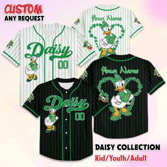 Discover Personalized Daisy Duck St. Patricks Day Baseball Jersey, Custom Disney Mickey and Friends Shirt, Lucky Baseball Team Outfit