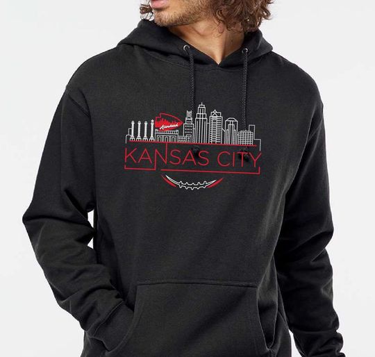 Discover Kansas City Skyline Arrowhead Football Chiefs Hoodie Red White Print Midweight Unisex