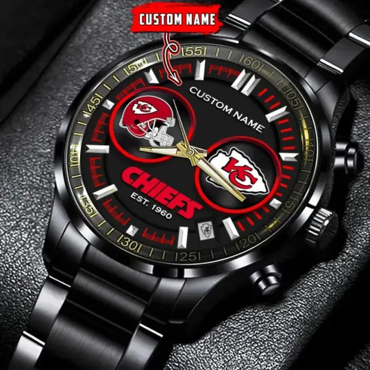 Discover Kansas City Football Team KC Chiefss  Black Stainless Steel Watch