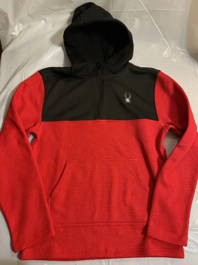 Discover NWT Spyder Hoodie Men’s Medium - Red Black Pullover Waffle Knit Quarter Zip Ski