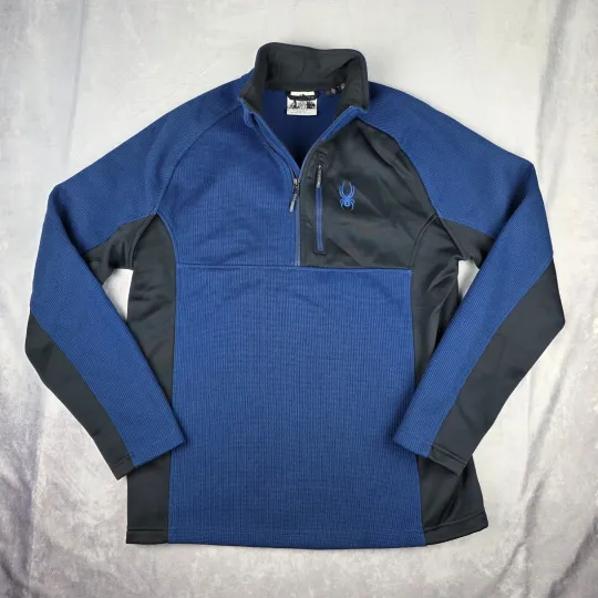 Discover Spyder Sweater Mens XL Blue Black Quarter Zip Fleece Pullover Waffle Knit Thick