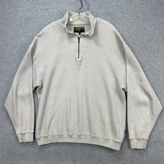 Discover Vintage Tommy Bahama Sweater Mens Large Beige Quarter 1/4 Zip Waffle Knit USA