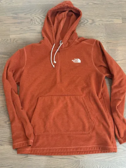 Discover The North Face 1/4 Zip Hoodie Waffle Knit Men’s Large Orange Pullover